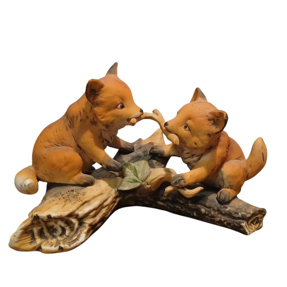 Vintage 1981 Homco Masterpiece Two Baby Red Foxes Playing Tug of War on a Log‎
